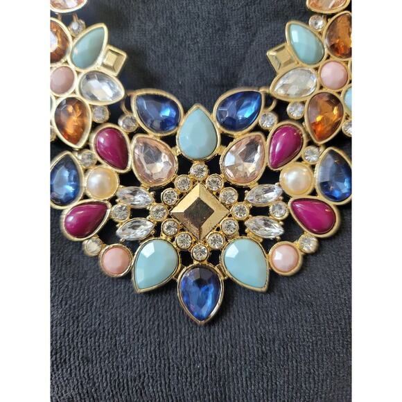 Women's Statement Bib Necklace Colorful Gemstones With Lobster Clasp Lock - Picture 3 of 6